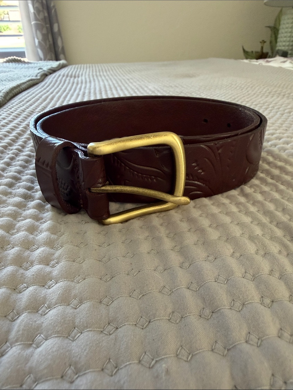 Patricia Nash Embossed Leather Belt in Dark Brown with Gold Buckle